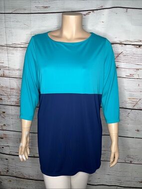 Susan Graver Premier Size 1X Blue & Navy Colorblock Tunic Blouse Top
